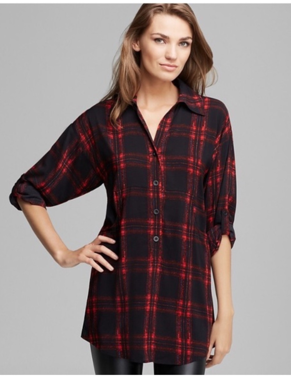 Tracy Reese Black and Red Plaid Button-Down Tunic size XS